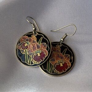 EUC Vintage Cloisonné Floral Gold-Tone Enamel Drop Dangle Earrings with Orchids